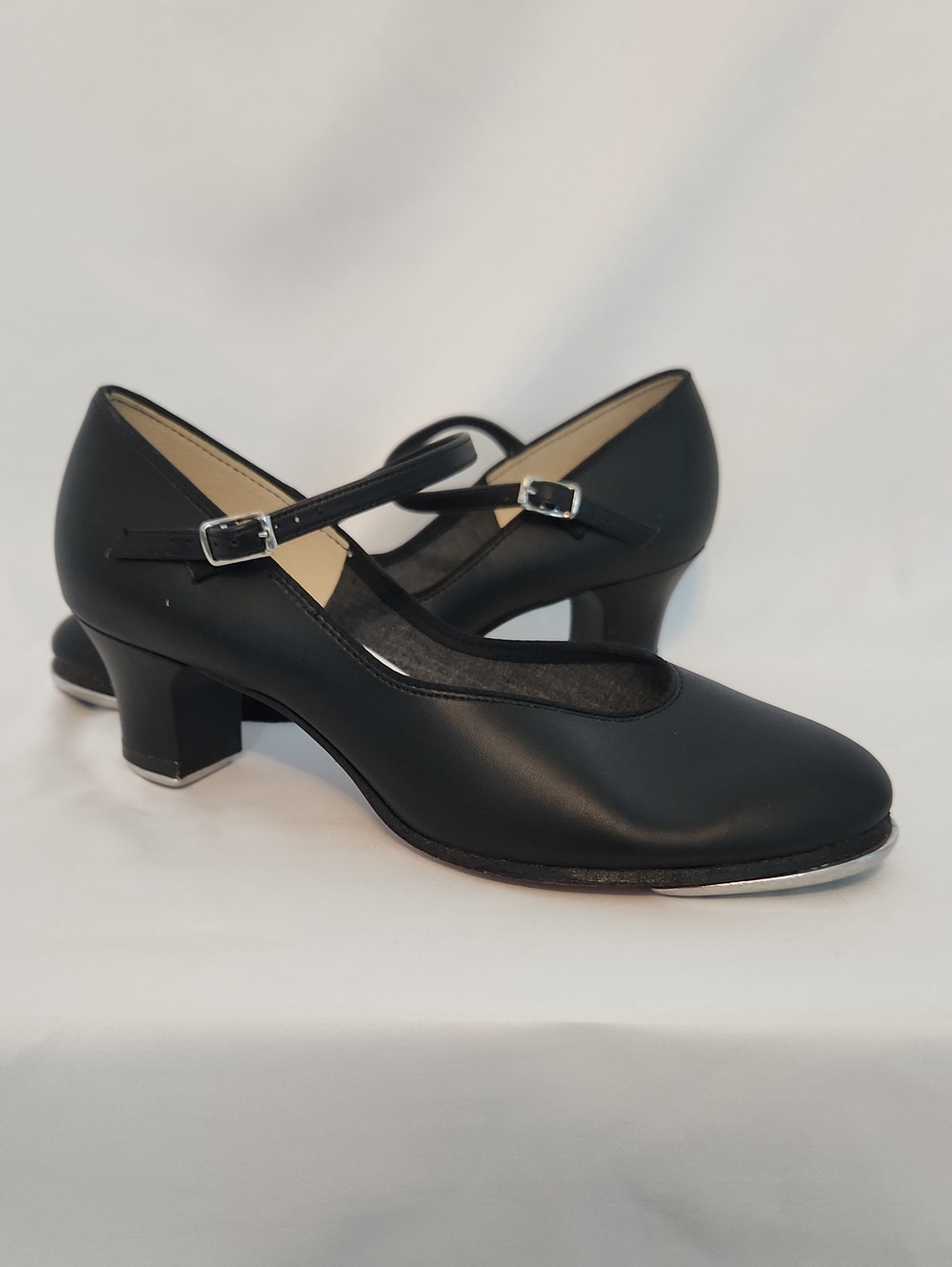 Women's Black "Baby Louis" Mid Heel Buckle Tap Shoes, Wolff-Fording Company, 9M